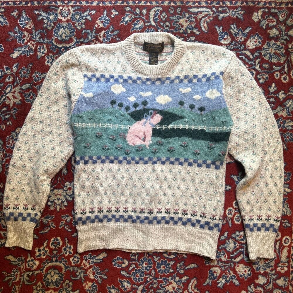 VTG 1989 Eddie Bauer Women's Pig Farm Rural Sweater Sz Small Wool Blend Cottage